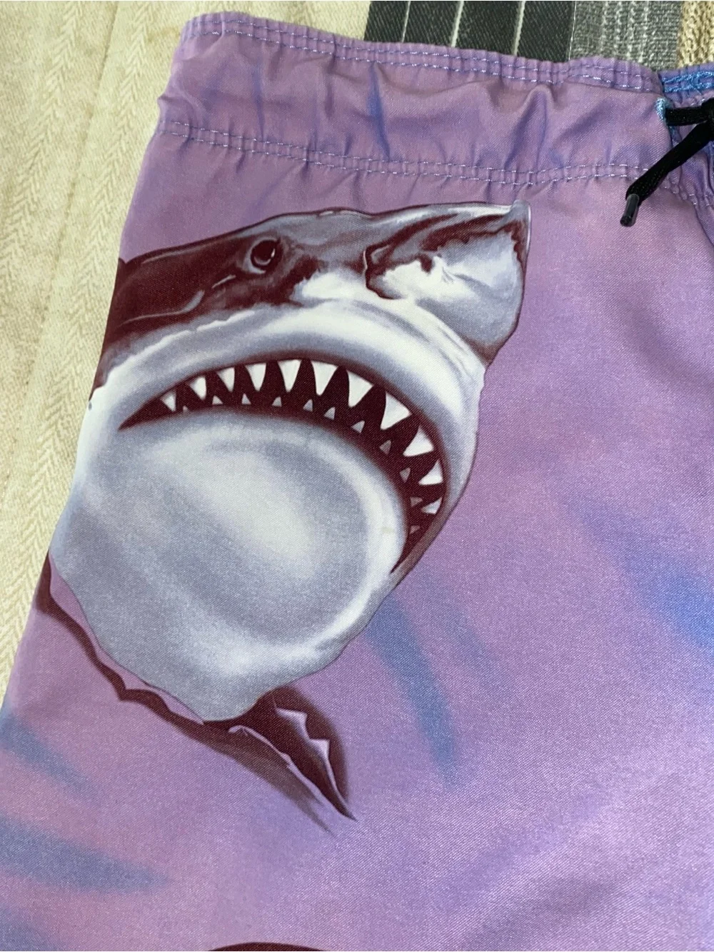 Hurley Purple and Blue Swim Shorts with Giant Shark Graphic